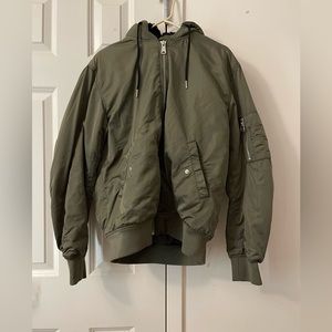 H & M L.O.G.G. Padded Khaki Green Bomber Jacket With Attached Hood never worn